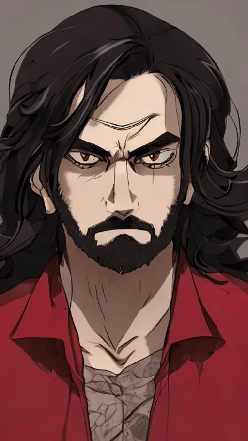 Prompt: A middle-aged man with long black hair, facial hair, raggy clothes, red eyes, livid, anime