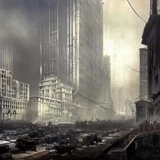 Prompt: City, Dystopian, 1910 Boston, depressing, Brutalism, by Craig Mullins, cinematic lighting, concept art, trending on artstation, HD, 40k, UHD