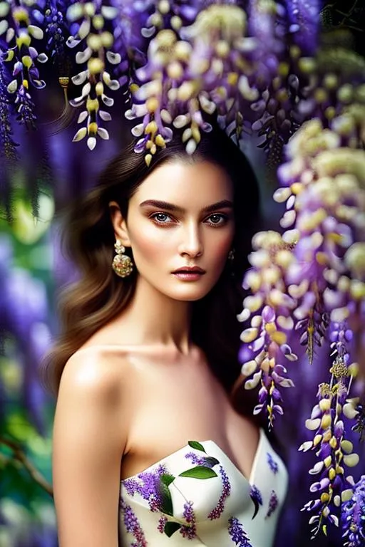 Prompt: high detail, flawless beauty, Portrait of a woman among wisteria flowers, professional photography, Elle magazine