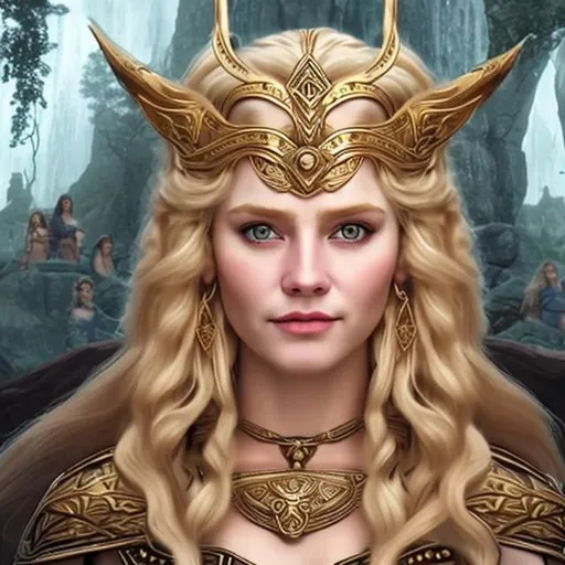 Prompt: Create a photo-realistic image of the Norse Goddess Freyja. She is fair with long blonde hair. Extremely beautiful. Rides on a chariot pulled by two majestic cats. Make sure her face has beautiful Nordic features.