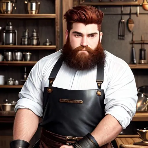 Prompt: oil painting, UHD, hd , 8k, hyper realism, Very detailed, short and muscular, blacksmith, young dwarf man. Has short auburn hair & trimmed bushy beard, looks like he works hard while, and has intense, beady eyes. Wears a loose white shirt, dark pants, thick leather boots and a long leather blacksmith apron from around his neck. A large blacksmith hammer can be seen hanging from a loop on his belt.