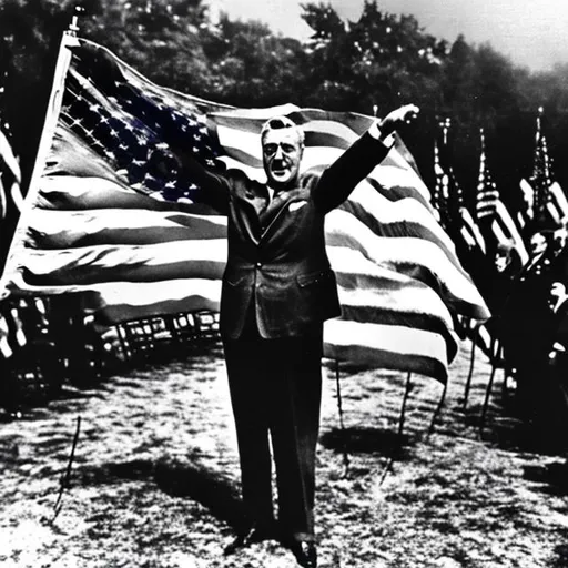 Prompt: Franklin d roosevelt in a heroric stance waving the american flag and holding two ar 15s