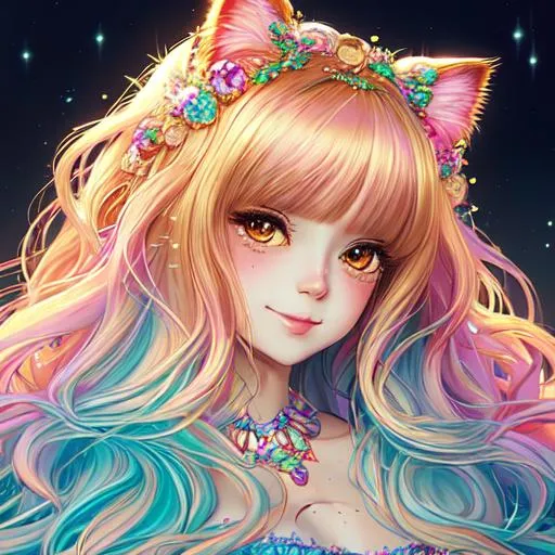 Prompt: Portrait Of A Cute Cat, Fluffy, Long Hair, Hyperdetalization Of Eyes, Lace, Beautiful Dress, Rhinestones, Sequins, Kind Face, Cute Smiles, Soft Facial Features, Thick Eyelashes, Jewelry, Lisa Frank, Anime, Anna Dittmann, Fantasy Art, Concept Art, Colourful Lighting, Golden Hour, anime character, background digital painting, digital illustration, extreme detail, digital art, ultra hd, vintage photography, beautiful, aesthetic, style, hd photography, hyperrealism, extreme long shot, telephoto lens, motion blur, wide angle lens, sweet,