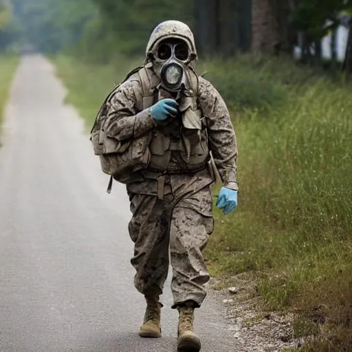 Prompt: US marine wearing gas mask walking through the Forrests of Germany 