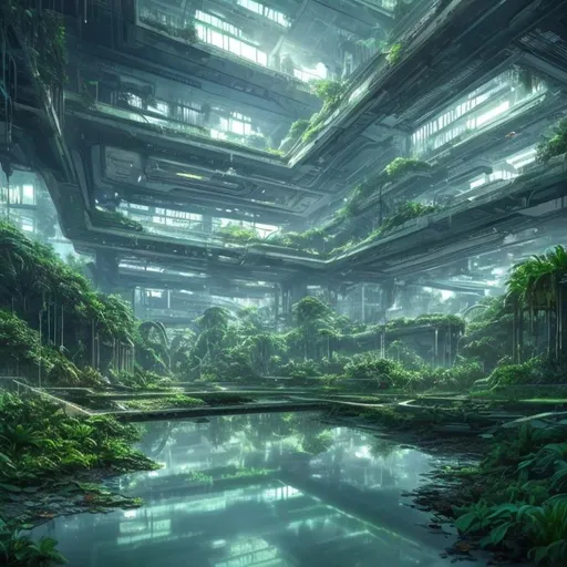 Prompt: Abandoned Futuristic City overgrown with lush green plants reflection lake light blue sky