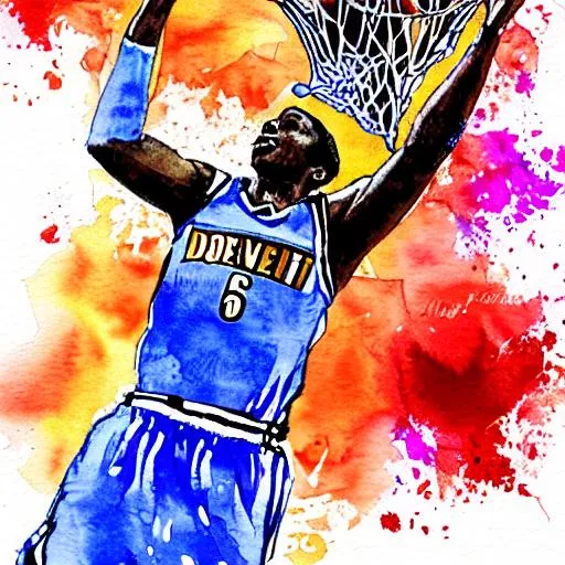 Prompt: cartoon denver nuggets player dunking basketball over other players watercolor whispy