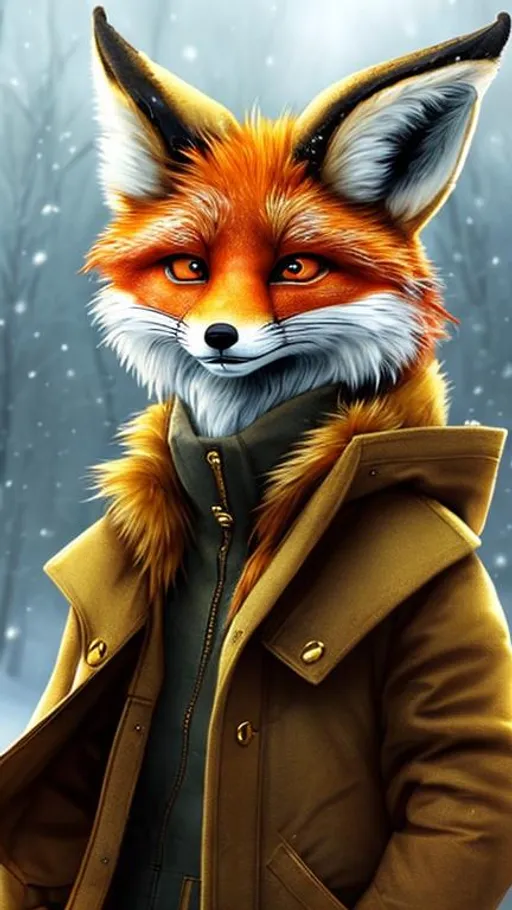 Prompt: A very hight quality digital art, anthropomorphic fox, golden eyes and winter cloth