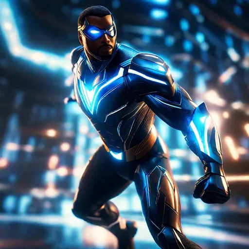 Prompt: Detailed scene, a close-up shot of a powerful superhero in a dynamic pose. The superhero is wearing a sleek, futuristic suit and is surrounded by a glowing aura. The details of the suit are incredibly intricate, and the muscles of the superhero are rendered with stunning realism. The overall feeling of the scene is one of power and energy