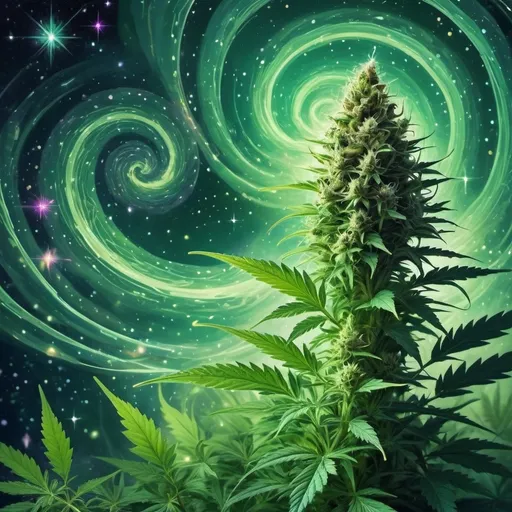 Prompt: (Nuit influence), marijuana plant, swirling background, stars in the sky, (spiral of light), vibrant Art Green, space art, galaxy theme, cosmic details, dreamy atmosphere, high-quality poster art, bright colors, whimsical elements, intricate and captivating design, immersive depth reminiscent of a mesmerizing night sky.