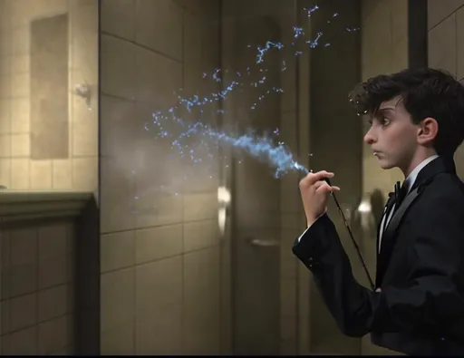 Prompt: 13 year old boy in a tuxedo cast a magic spell on someone in a bathroom stall with his magic wand  from the outside. Do not show the inside of the stall. Just show the boy in his tuxedo pointing his magic wand and casting the spell on the stall that has crazy magic dust spewing out of the top every wich way