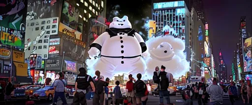 Prompt: stay puft marshmallow man exploding all new york city