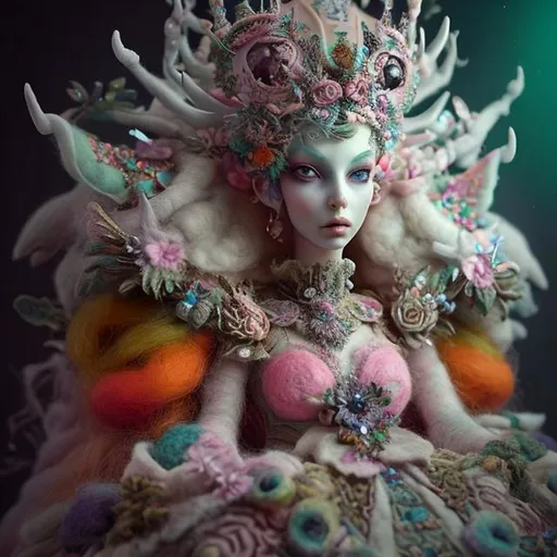 Prompt: needle-felted queen, multicolored, intricate details, insane details, volumetric lighting