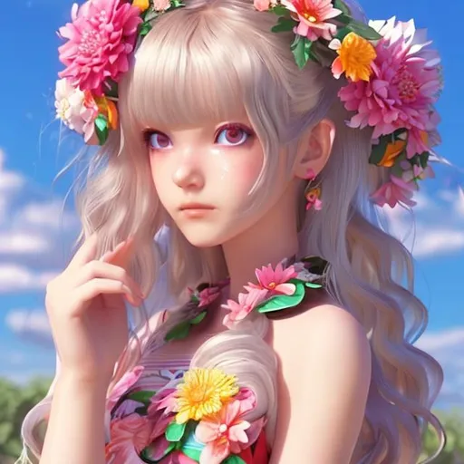 Prompt: 3d anime girl wearing a flower lei and a summer dress with flowers with flower hair clips in her hair and she has blonde hair and red eyes