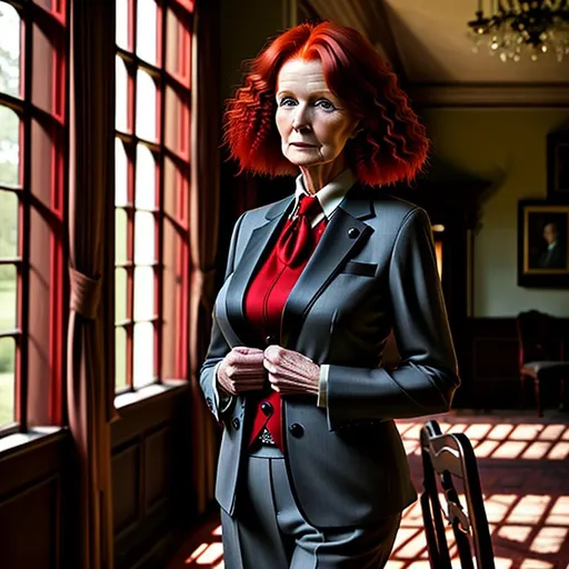 Mature red haired woman wearing a suit beautiful Manor house