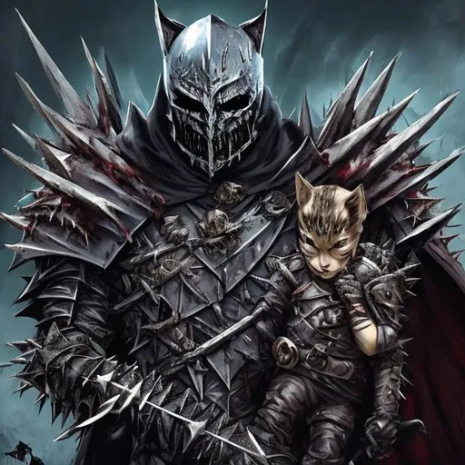 Prompt: A evil knight adorned with spikes and blood holding a cat in his arms