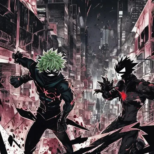 Prompt: Accurate masked vigilante deku villain versus villain bakugo. Fighting. Blood spatters. Very Dark image with lots of shadows. Background partially destroyed neo Tokyo. Noir anime. Gritty. Dirty