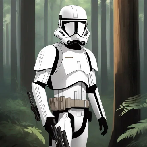 Prompt: Whole body. Full figure. Star wars rebel alliance soldier. White armor. In background a deep forest. Rpg art. Star wars art. 2d art. 2d. Well draw face. Detailed. 