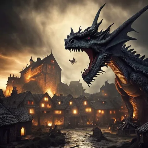 Prompt: 
Dragon attacking village, medieval, dark, realistic, fantasy.