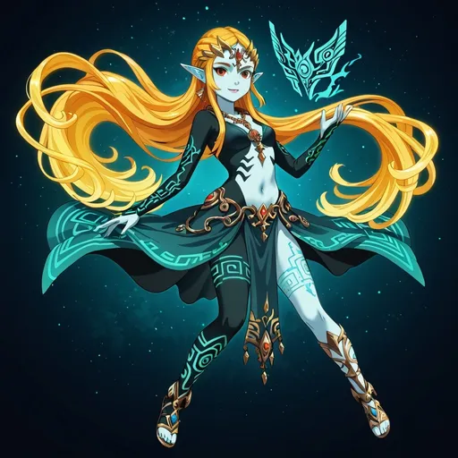 Prompt: game-zelda style, (fusion) character design of Midna and Princess Zelda, magical transformation scene, mystical background with ethereal light, vibrant and whimsical color palette, enchanting atmosphere, detailed expressions conveying unity, high quality illustration, concept art inspired by fantasy themes.