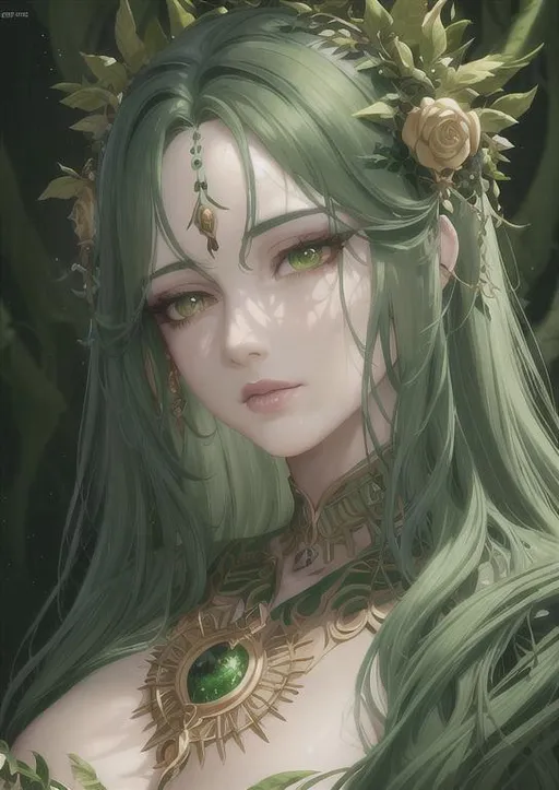 Prompt: portrait of Magickal Forest Goddess, the goddess of nature, Goddess of the Elements nature elements, flowery, green forest background, oil painting, blessed, miracle, detailed lips, mesmerizing, gorgeous, stunning, highly detailed concept art, high resolution scan, hd octane render, cinematic light,  intricate detailed, highly detailed face, unreal engine, trending on artstation, UHD, 8k, Very detailed