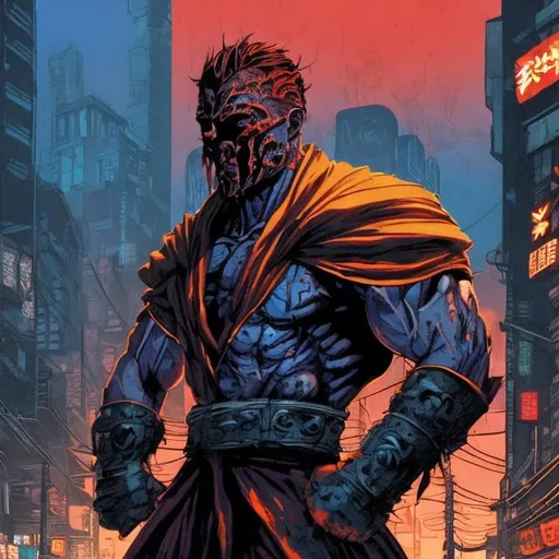 Prompt: muscular face-masked villain called BlisterFist. Blood spatters. Very Dark image with lots of shadows. Background partially destroyed neo Tokyo. Noir anime. Gritty. Dirty. Blue and orange Neon accents. Armour
