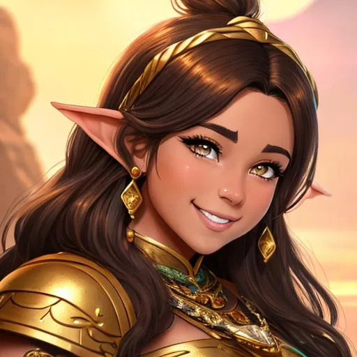 Prompt: oil painting, D&D fantasy, gold dwarf girl, tanned-skinned-female, stocky, beautiful, short bright dirty brown hair, wavy hair, smiling, pointed ears, looking at the viewer, cleric wearing intricate adventurer outfit, #3238, UHD, hd , 8k eyes, detailed face, big anime dreamy eyes, 8k eyes, intricate details, insanely detailed, masterpiece, cinematic lighting, 8k, complementary colors, golden ratio, octane render, volumetric lighting, unreal 5, artwork, concept art, cover, top model, light on hair colorful glamourous hyperdetailed medieval city background, intricate hyperdetailed breathtaking colorful glamorous scenic view landscape, ultra-fine details, hyper-focused, deep colors, dramatic lighting, ambient lighting god rays, flowers, garden | by sakimi chan, artgerm, wlop, pixiv, tumblr, instagram, deviantart