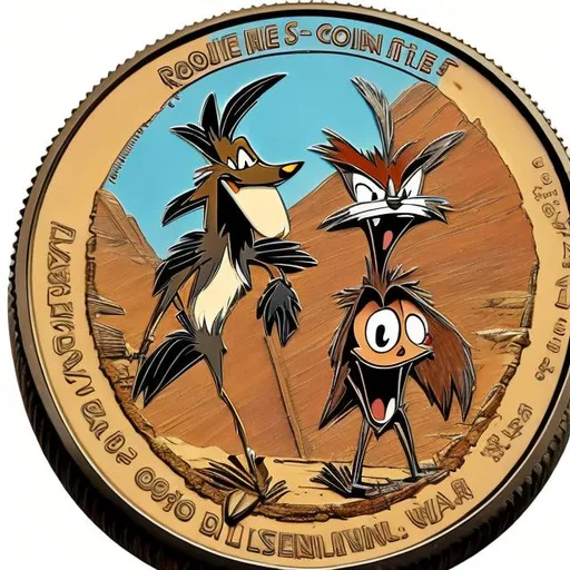 Prompt: Wile E. Coyote and the Roadrunner, on a coin, surprise me