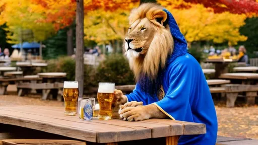 Prompt: smiling lion in a regal royal blue and gold robe drinking from a stein of beer at a picnic table in a beer garden with fall foliage 