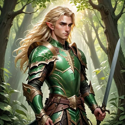 Prompt: Male half-elf paladin, wearing vibrant green armor, radiant and intricate designs, flowing blonde hair cascading down his back, studded leather accessories, wielding a shimmering sword, standing confidently in a lush forest background, warm sunlight filtering through the leaves, enhancing the noble and heroic atmosphere, mystical aura, detailed expressions, ultra-detailed, high quality imagery, heroic pose, magical elements gently surrounding him, enchanting ambiance.