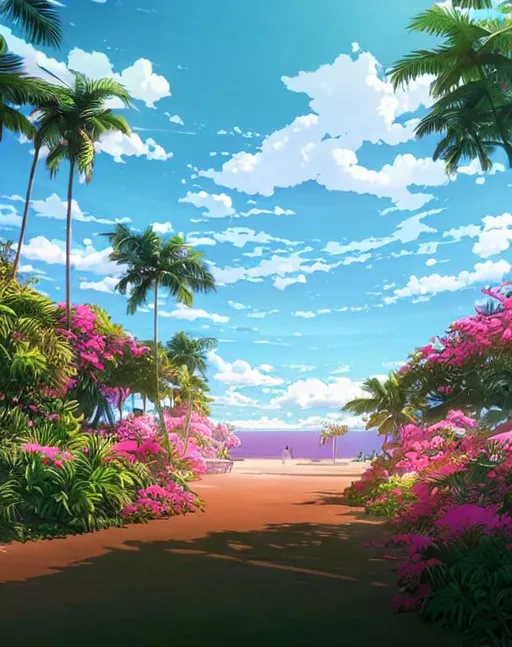 Prompt: a beautiful graphic contour outline render of a dreamy tropical anime island paradise by makoto shinkai, pink accents, soft details, graphic art
