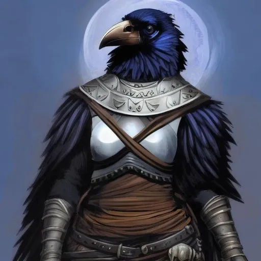 Prompt: Raven Kenku Woman wearing a breastplate and holding a racoon