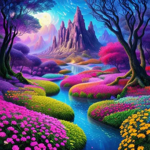 Prompt: Create a visually stunning digital artwork that depicts an otherworldly, fantastical landscape. The artwork should be highly detailed, with intricate flora and fauna, dynamic composition, and vivid colors that evoke a sense of wonder and awe. Use Midjourney's advanced AI technology to achieve a photorealistic look and feel, with surreal lighting and textures that make the artwork come to life. The artwork should be in a high resolution and presented in a large format that emphasizes its scale and impact. Use cutting-edge techniques and tools to create a truly unique and original artwork that captures the spirit of the fantastical aesthetic and appeals to a wide range of art buyers.