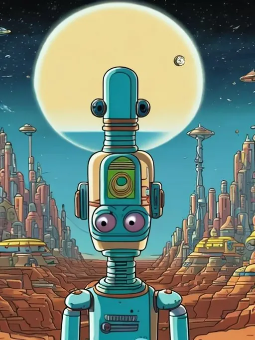Prompt: Bender futurama fly in the space planet 