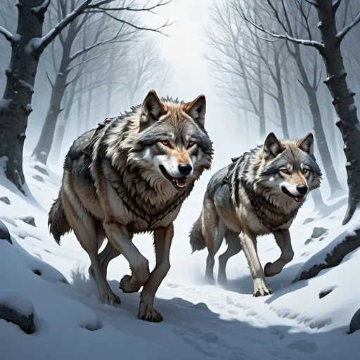 Prompt: Fantasy Illustration of three wolfes sneaking through a snowy landscape, dangerous atmosphere, high quality, rpg-fantasy, detailed, intense, 