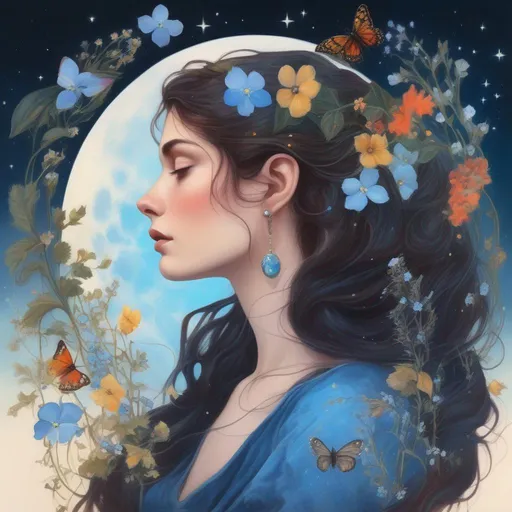 Prompt: A profile beautiful and colourful picture of Persephone with brunette hair and with gems in her hair, surrounded by plants, forget-me-not flowers, moths, birds and animals framed by the moon and constilations