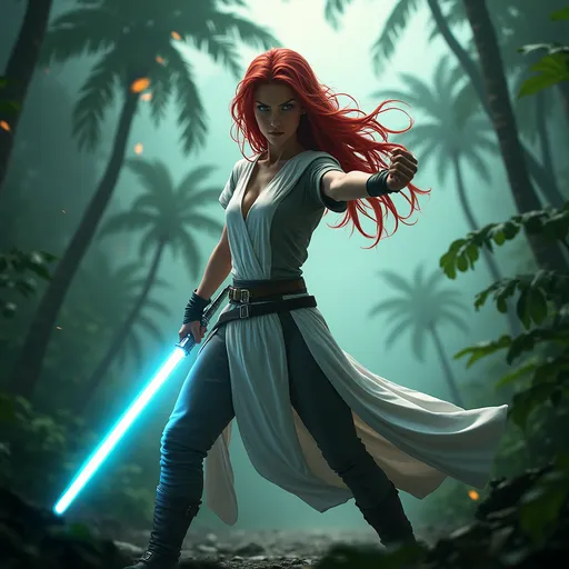 Prompt: Clad in a sleek, short-sleeved outfit of flowing white and grey robes that highlights her athletic frame as it flows, a young woman stands poised in a dramatic battle pose in a jungle landscape, wielding a glowing blue lightsaber in one hand, she reaches out towards the camera with the other hand clenched in a fist. Her red hair is flowing, accentuating her fierce expression as she prepares for battle against the backdrop of a wet dark rain forest with tropical plants and palm trees that tower ominously. The atmosphere is charged, with swirling clouds and a green haze in the distance, casting a dramatic glow that enhances the tension of the scene. Overall, the image conveys a sense of empowerment and urgency, blending elements of fantasy and adventure as the figure exudes confidence in an otherworldly setting.