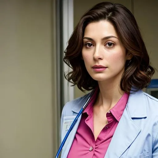 Prompt: Joanne Kelly as super hot nurse open unbuttoned