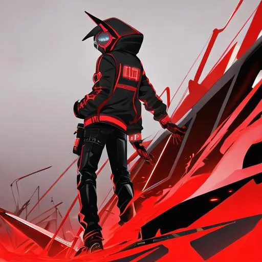 Prompt: Male character, black but red neon gas mask, cyber netrunner hood (black but neon red), neon red Sword In its Back, Red Mecha Cyber Jacket, black jeans, red shoes