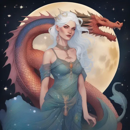 Prompt: A colourful and beautiful Persephone, she is a dragon woman, with scales for skin, horns and white hair with a dragon tail, in a painted style. Standing with her is a Griffin. Framed by constellations and the moon