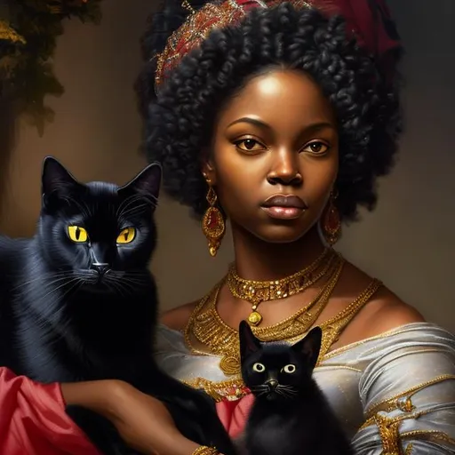 Prompt:  Portrait of a beautiful black queen holding a black cat 1850, realistic, {background outside}, super detailed, 8k, high quality, sharp focus, real skin, cheeks red, transparent, intricate details, highly detailed, oil painting 