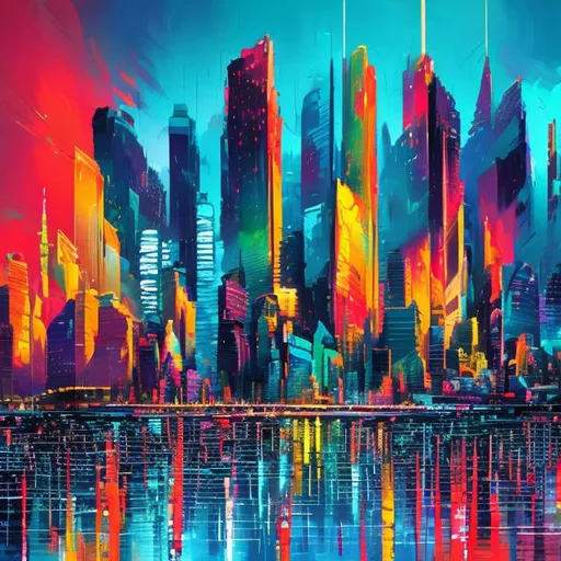 Prompt: Chromatic Urban Symphony: Paint an abstract expressionism artwork that captures the vibrant energy of the NYC skyline through exaggerated and vibrant natural city colors. Use a pastel color palette as the base and intensify the hues of the buildings, lights, and reflections. Employ gestural brushwork and flowing lines to convey the dynamic nature of the cityscape, allowing the composition to evoke a whimsical and abstract interpretation of this bustling metropolis.