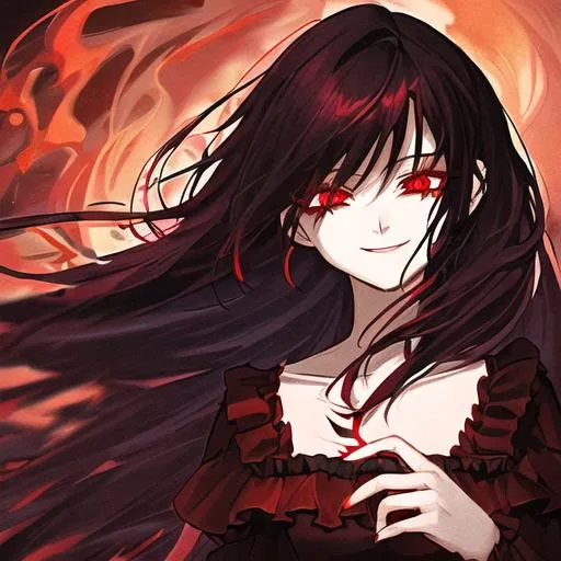 Prompt: She is wearing a rode black, Her hair is red dark red and a little is coming out from the clocke ,There is a flame in her hand ,Her eyes are hafe open and her eyes are red and yellow ,and she had a smile 