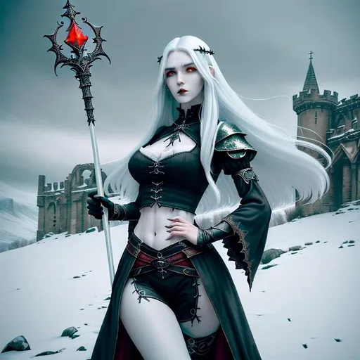 Prompt: Gorgeous perfectly detailed facial features, long legs, sumptuous hyper detailed perfect body, ultra pale, visible midriff, random pose, gothic fantasy, gloomy random ancient dystopian top of the world landscape, heavy snow, female gothic mage with a Sceptre, 

wearing a weathered old period appropriate outfit, flowing random colored hair, random length hair, porcelain face, large reflective red eyes, fierce agonizing look, 

Splashart, wandering magical lights, surreal, symmetrical intricate details, hyper detailed perfect studio lighting, perfect shading, 

Professional Photo Realistic Image, RAW, artstation, splash style dark fractal paint, contour, hyper detailed, intricately detailed, unreal engine, fantastical, intricate detail, steam screen, complimentary colors, fantasy concept art, 64k resolution, deviantart masterpiece, splash arts, ultra details, Ultra realistic, hi res, UHD, complete 3D rendering.