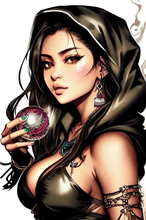 Prompt: (((Yoji Shinkawa))), sticker of ultra detailed portrait of kylie jenner as hooded fortune teller, holding large crystal ball, ((wearing a hood robe)), high quality cell shaded illustration in post apocalyptic style by Yoji Shinkawa, ((full body)), dynamic pose, perfect anatomy, centered, freedom, soul, black long hair, approach to perfection, cell, ((green skin color)), shading, 4k , has a large crystal ball, evil grin, beautiful, cinematic dramatic {Concept 
sheet} atmosphere, watercolor painting, global illumination, detailed and intricate environment, artstation, concept art, fluid and sharp focus, volumetric lighting, cinematic lighting, Art by Yoji Shinkawa,