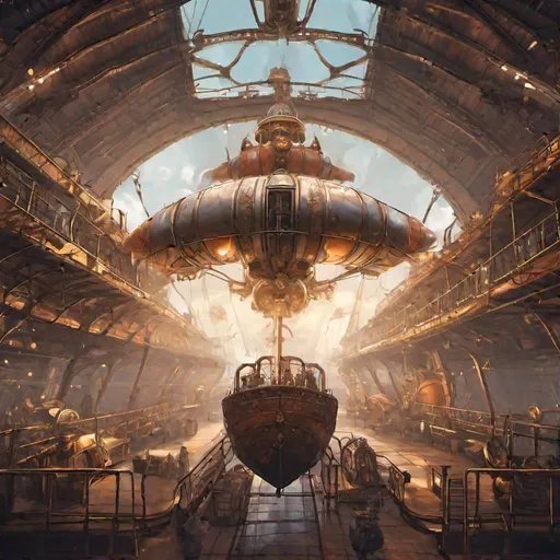 Prompt: view from a hangar that is halfway down the side of a steampunk gigantic airship that is in flight. show various tiny lifeboats that have strange glowing arcane motors. must show a view out onto open skies 