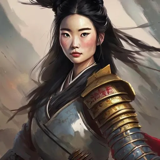 Prompt: A painting of Mulan, busty Chinese female, she is wearing a set of broken and weathered Chinese plate armor, olive skin, has long black hair, beautiful face, standing in a battle stance on a battlefield at night, masterpiece, fine strokes, ambient colors, modern anime style