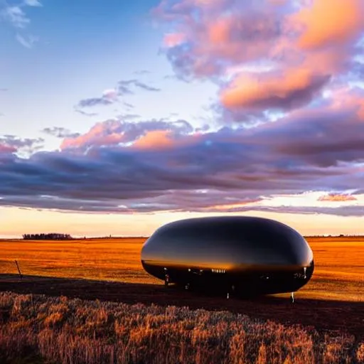 Prompt: Digital art, massive land cruise ship, 100 yards long, 30 years high, 59 yards wide, shaped as round hockey puck, solid, jet black, passenger windows on the side, command center on the top, on a country prairie field
 