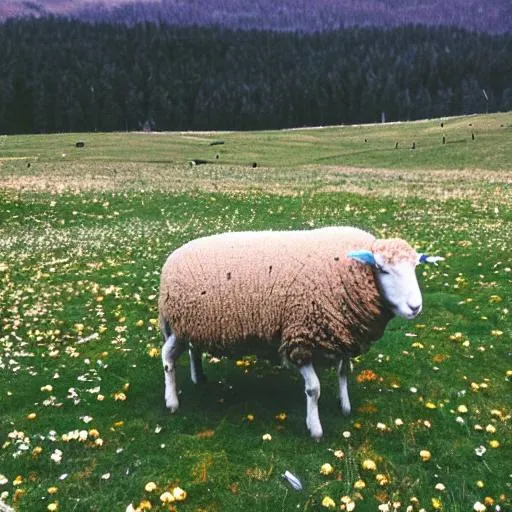 Prompt: You are in a meadows sheep are grazing its weather that’s hard to describe point of view 