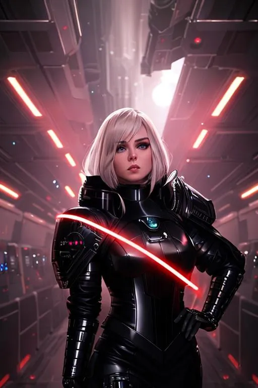 Prompt: Female alien from Star Wars, wearing black leather dress  and metal shoulder pads, in a metal corridor, metal windows looking to cosmo space, concept art, front, epic Instagram, artstation, hyperdetailed intricately detailed, unreal engine, fantastical, intricate detail, splash screen, complementary colors, fantasy concept art, 8k, deviantart masterpiece, oil painting, heavy strokes, splash arts
soft smile, happy, perfect face, perfect eyes, perfect teeth, perfect body, perfect anatomy, beautiful body, trending on instagram, trending on tiktok, trending on artstation, trending on cgsociety, white sclera, photorealistic, masterpiece, cinematic, 16k artistic photography, epic, drama, romance, glamour, beauty, cinematic lighting, dramatic lighting, insanely detailed, soft natural volumetric cinematic lighting, award-winning photography, rendering, hd, high definition, highly detailed