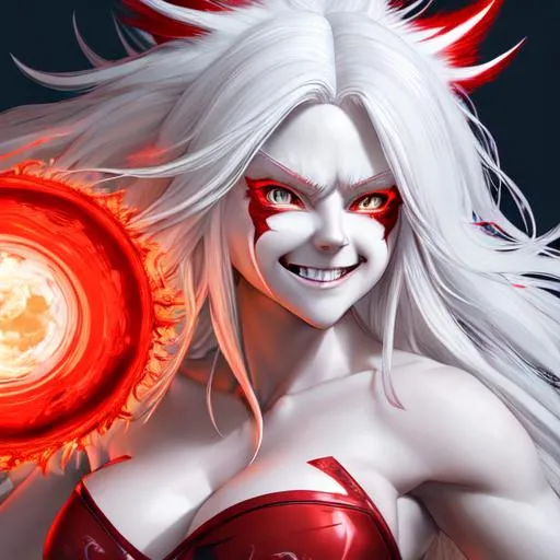 Prompt: (masterpiece, illustration, best quality:1.5), insanely beautiful white haired wolf girl made of red lightning, evil grin, made of red lightning, radiating red lightning, hair made of red lightning, global illumination, night, finely detailed, alert, detailed face, beautiful detailed eyes, beautiful defined detailed legs, beautiful detailed shading, highly Detailed body, red lightning halo, body crackling with red lightning, billowing wild fur, red magic tattoo , lightning elemental, radiating red lightning, red lightning atmosphere, full body focus, beautifully detailed background, cinematic, 64K, UHD, by Yuino Chiri